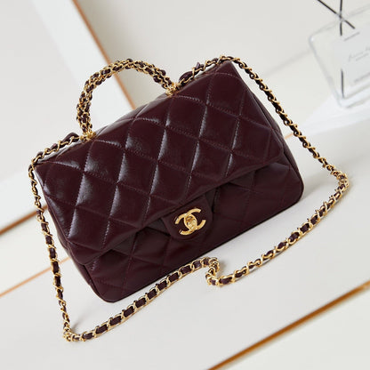 FLAP BAG WITH TOP HANDLE 25 IN WINE RED OIL-WAX LAMBSKIN GOLD HARDWARE