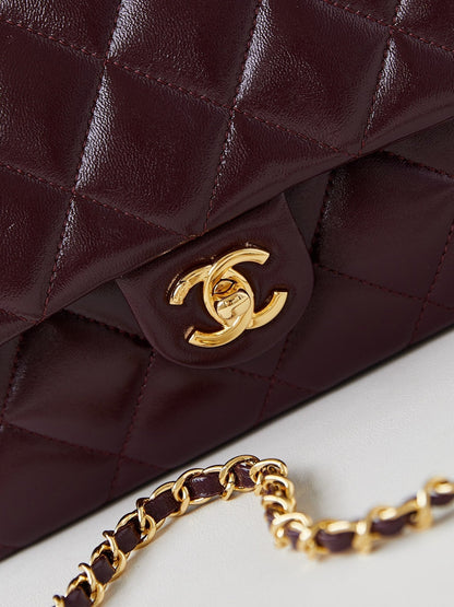 FLAP BAG WITH TOP HANDLE 25 IN WINE RED OIL-WAX LAMBSKIN GOLD HARDWARE