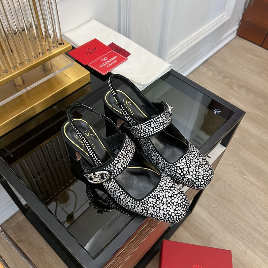 MARY-JANE VLOGO LOCKER SLINGBACK PUMPS BLACK SHEEPSKIN WITH 60MM CRYSTALS