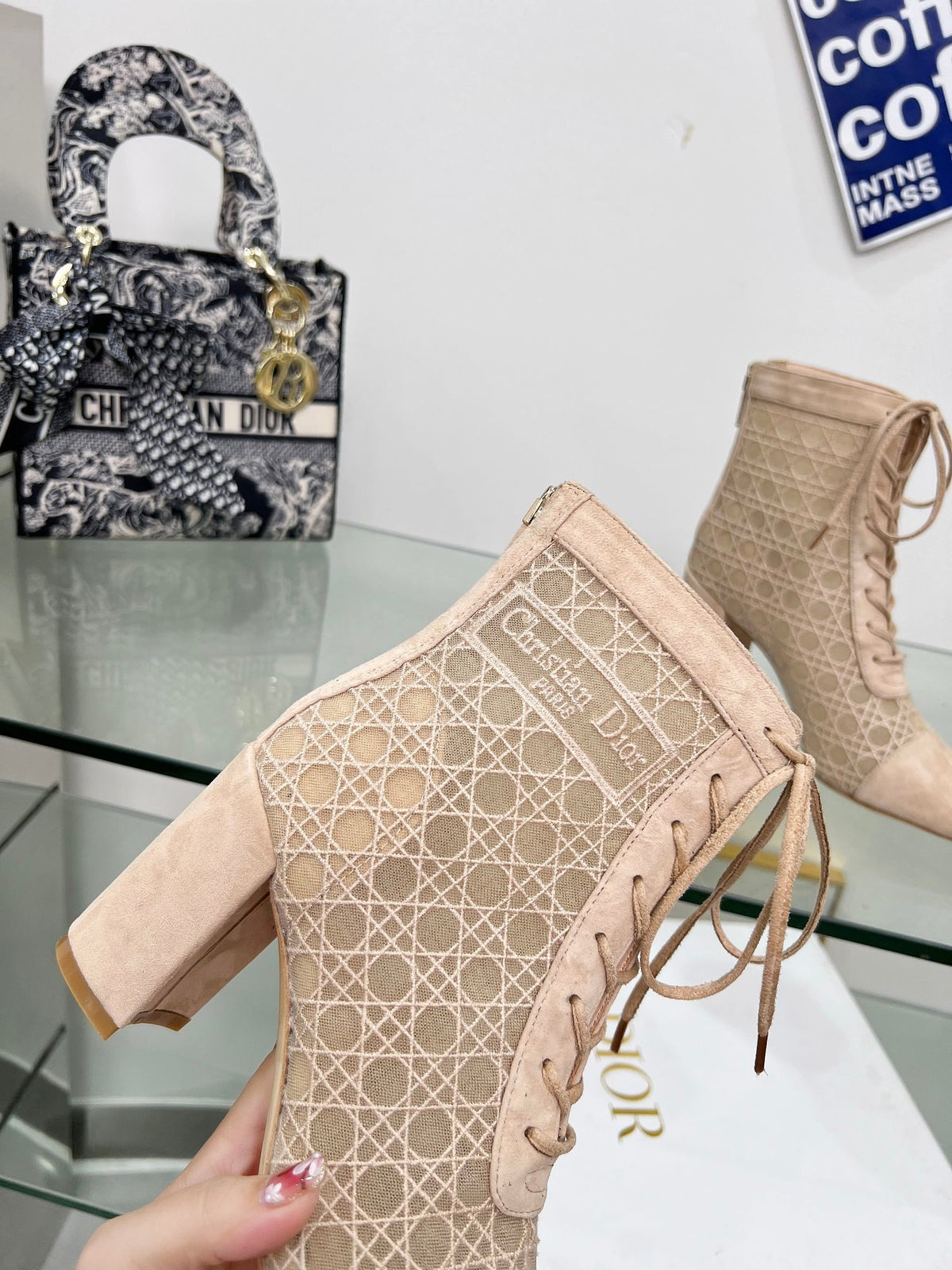 NAUGHTILY-D HEELED ANKLE BOOT IN BISQUE BEIGE CANNAGE MOTIF MESH AND SUEDE 8 CM