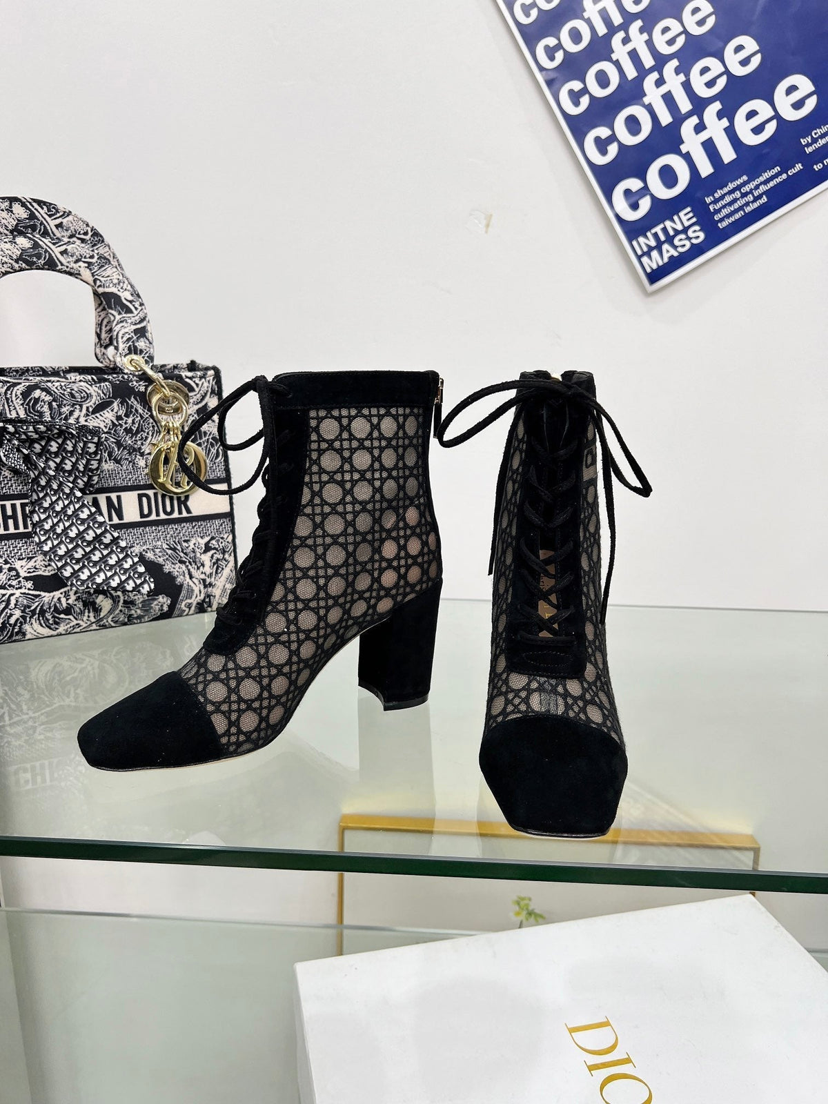 NAUGHTILY-D HEELED ANKLE BOOT IN BLACK CANNAGE MOTIF MESH AND SUEDE 8 CM