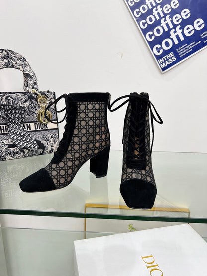 NAUGHTILY-D HEELED ANKLE BOOT IN BLACK CANNAGE MOTIF MESH AND SUEDE 8 CM