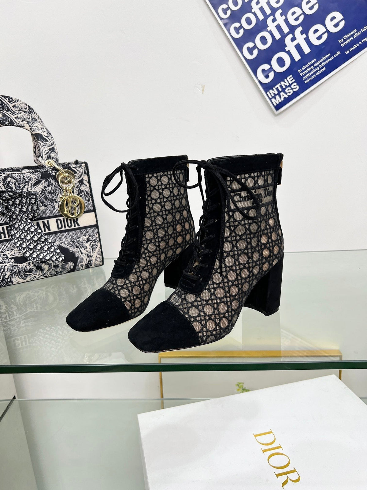 NAUGHTILY-D HEELED ANKLE BOOT IN BLACK CANNAGE MOTIF MESH AND SUEDE 8 CM