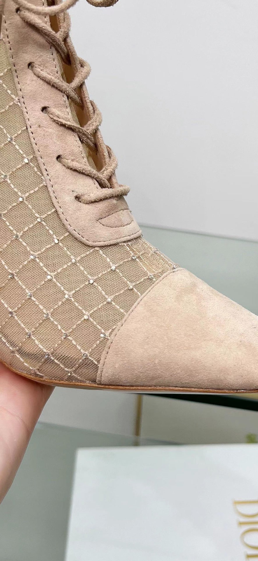 NAUGHTILY-D HEELED ANKLE BOOT IN BISQUE BEIGE EMBROIDERED MESH AND SUEDE 8 CM