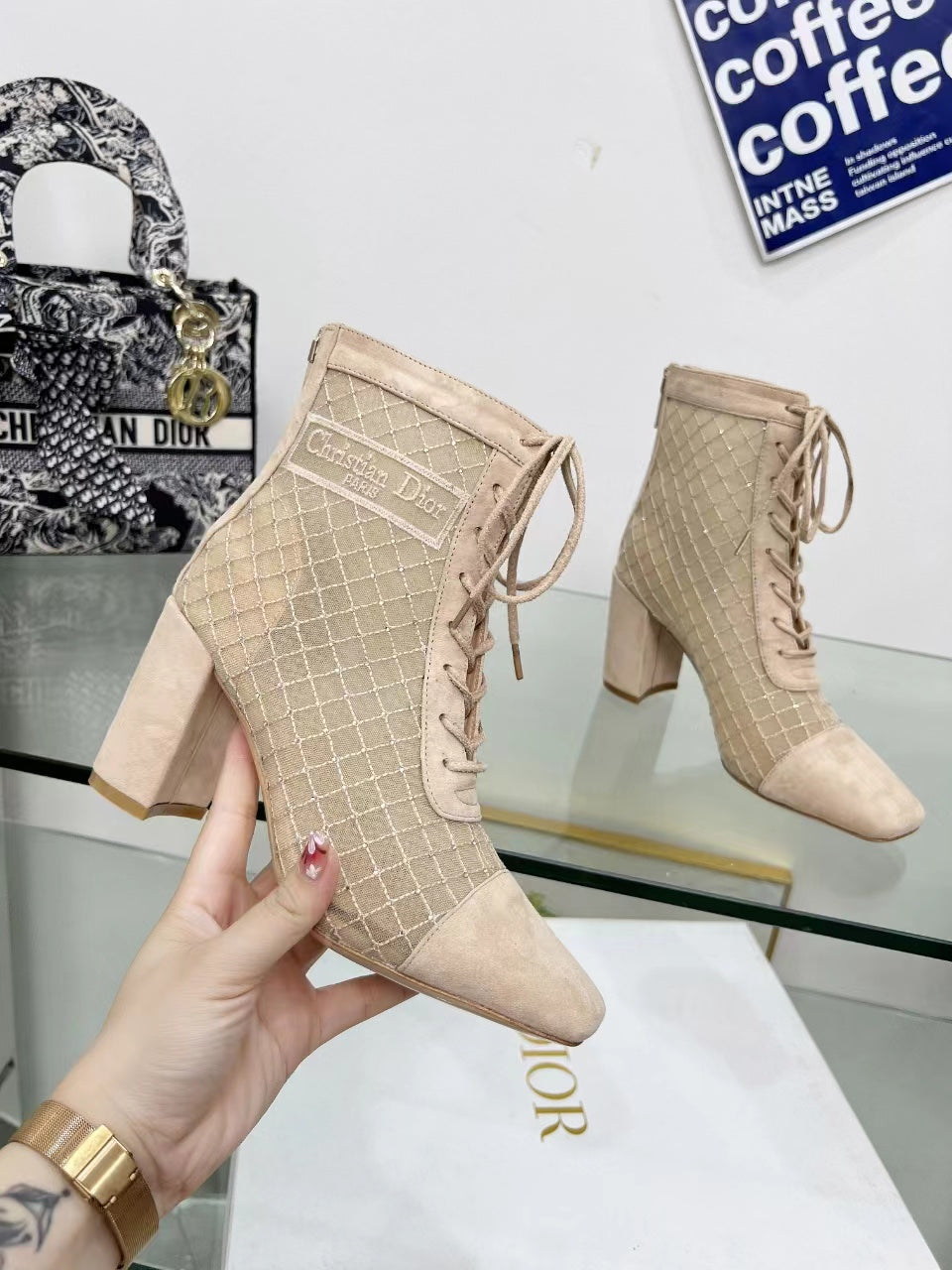 NAUGHTILY-D HEELED ANKLE BOOT IN BISQUE BEIGE EMBROIDERED MESH AND SUEDE 8 CM