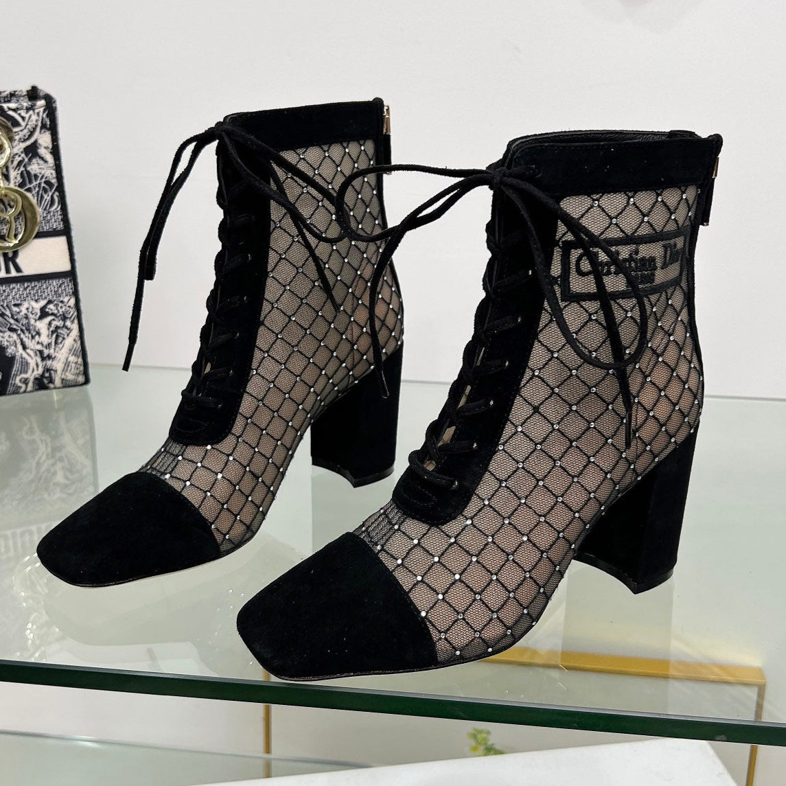 NAUGHTILY-D HEELED ANKLE BOOT IN BLACK EMBROIDERED MESH AND SUEDE 8 CM