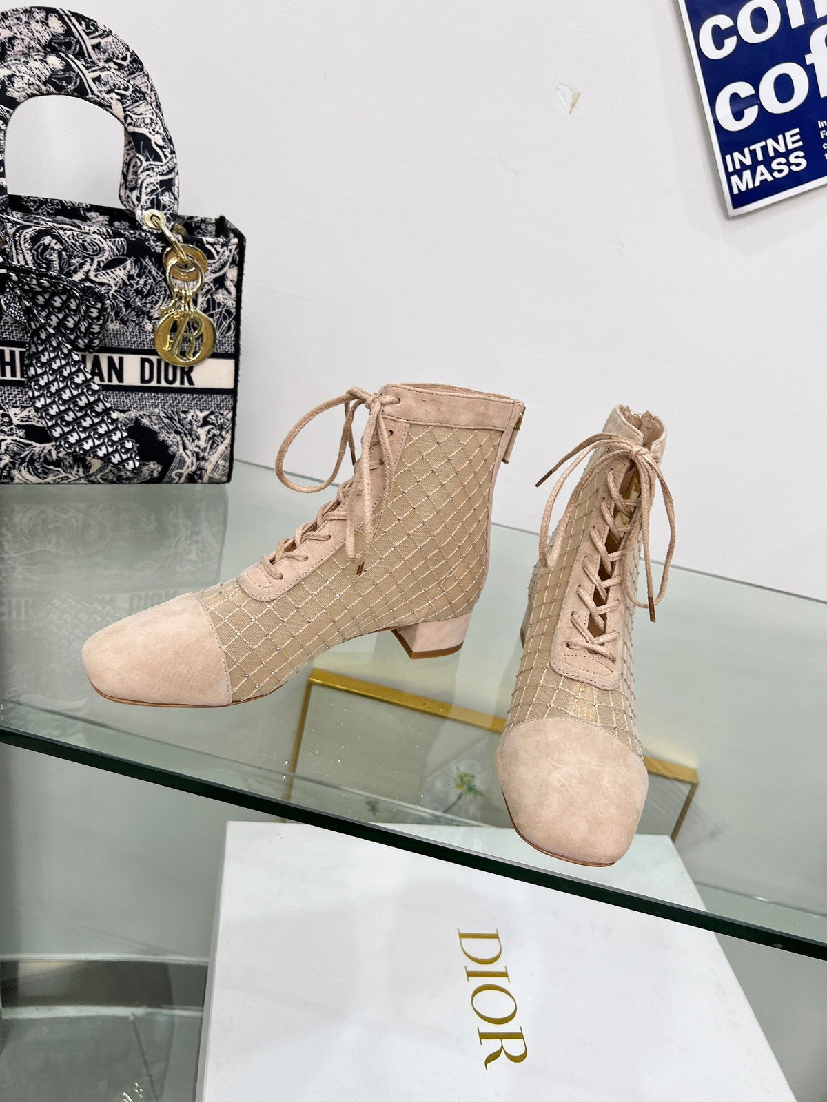 NAUGHTILY-D HEELED ANKLE BOOT IN BISQUE BEIGE EMBROIDERED MESH AND SUEDE 35 MM