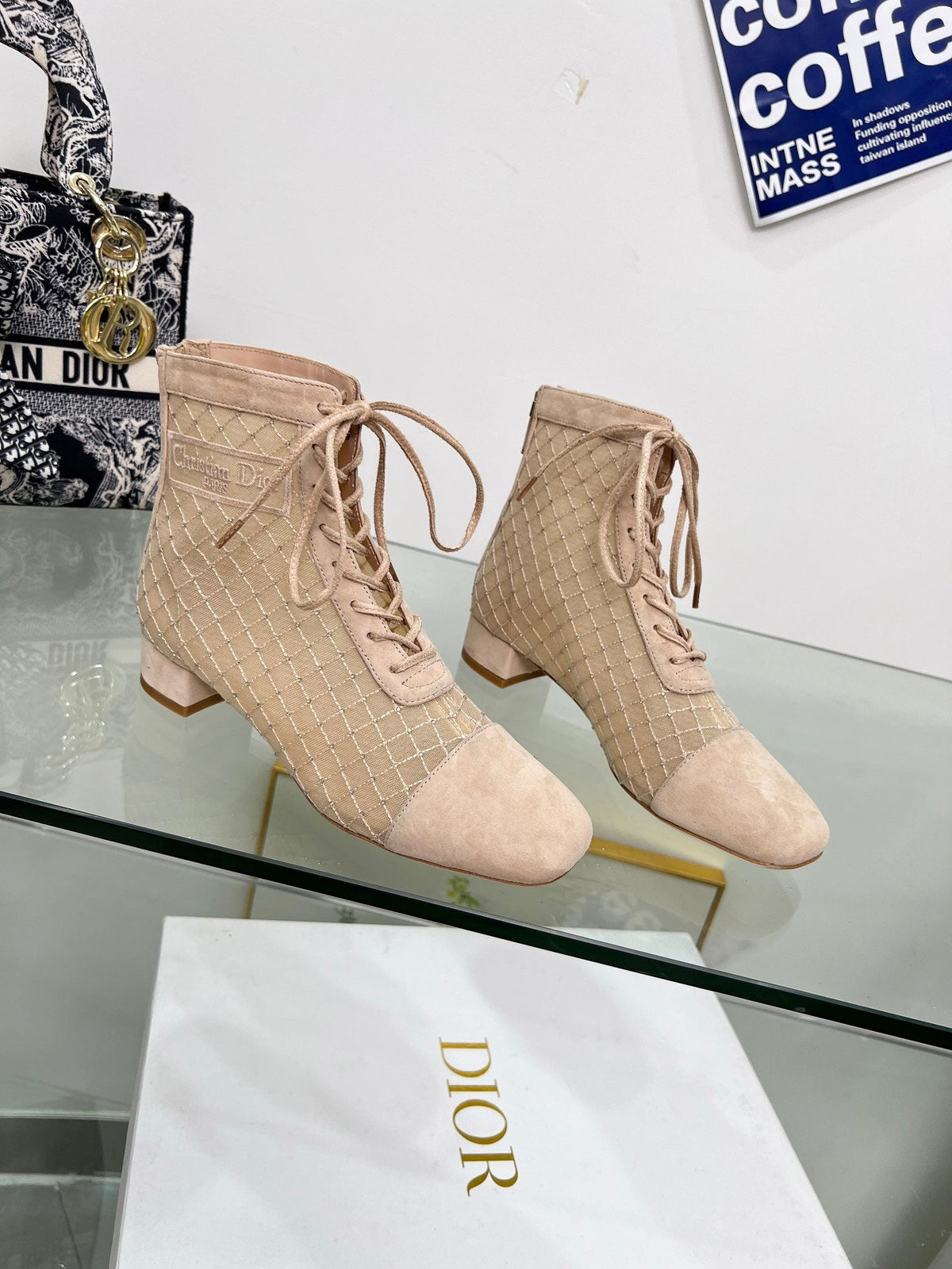 NAUGHTILY-D HEELED ANKLE BOOT IN BISQUE BEIGE EMBROIDERED MESH AND SUEDE 35 MM