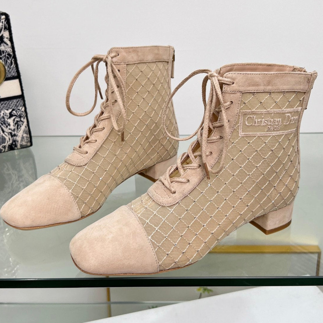 NAUGHTILY-D HEELED ANKLE BOOT IN BISQUE BEIGE EMBROIDERED MESH AND SUEDE 35 MM