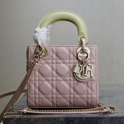 MINI LADY BAG 17 IN BABY PINK QUILTED MACROCANNAGE CALFSKIN SWAMP YELLOW STRAP