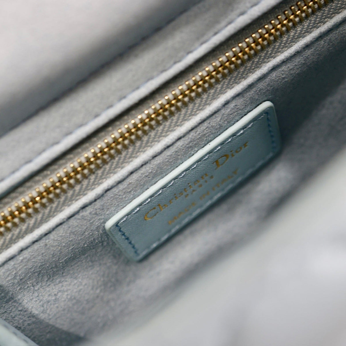 MINI LADY BAG 17 IN BABY BLUE QUILTED MACROCANNAGE CALFSKIN GREEN STRAP