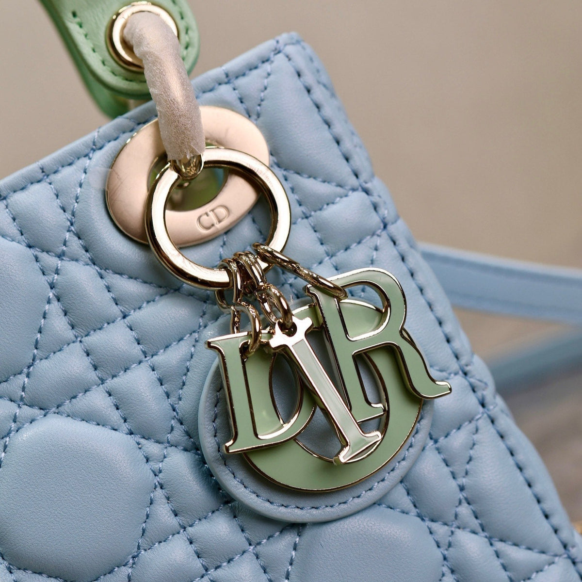 MINI LADY BAG 17 IN BABY BLUE QUILTED MACROCANNAGE CALFSKIN GREEN STRAP