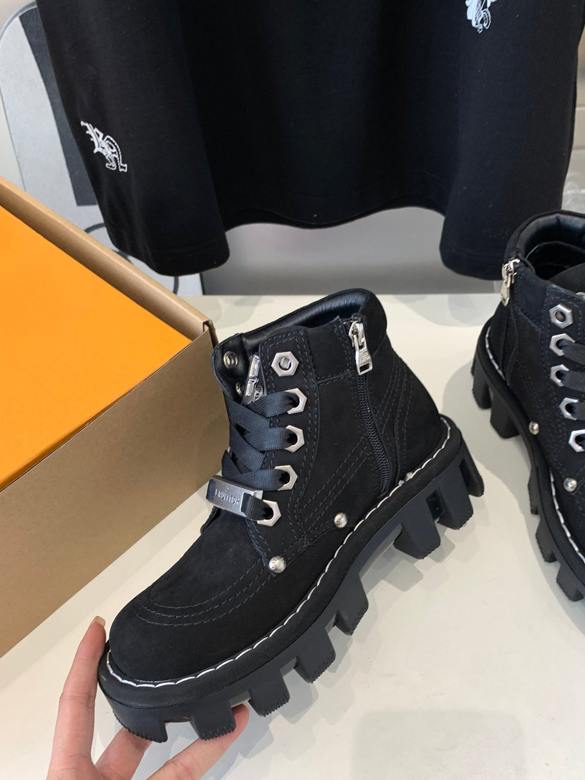 LV CHECKER ANKLE BOOT IN BLACK SUEDE