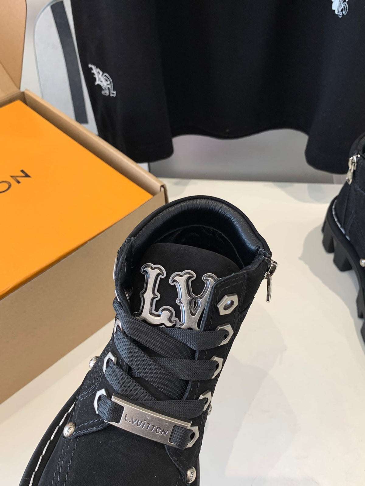 LV CHECKER ANKLE BOOT IN BLACK SUEDE