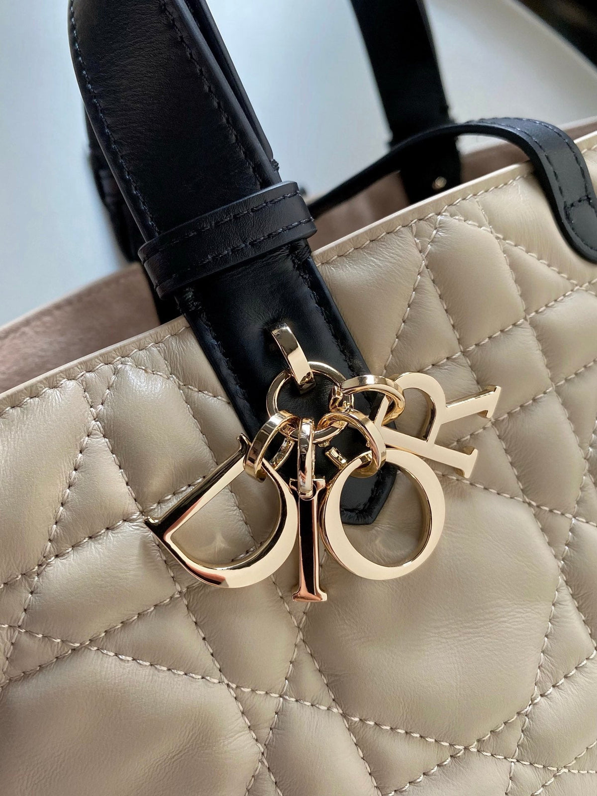 MINI TOUJOURS BAG 23 IN BEIGE CANNAGE CALFSKIN BLACK STRAP