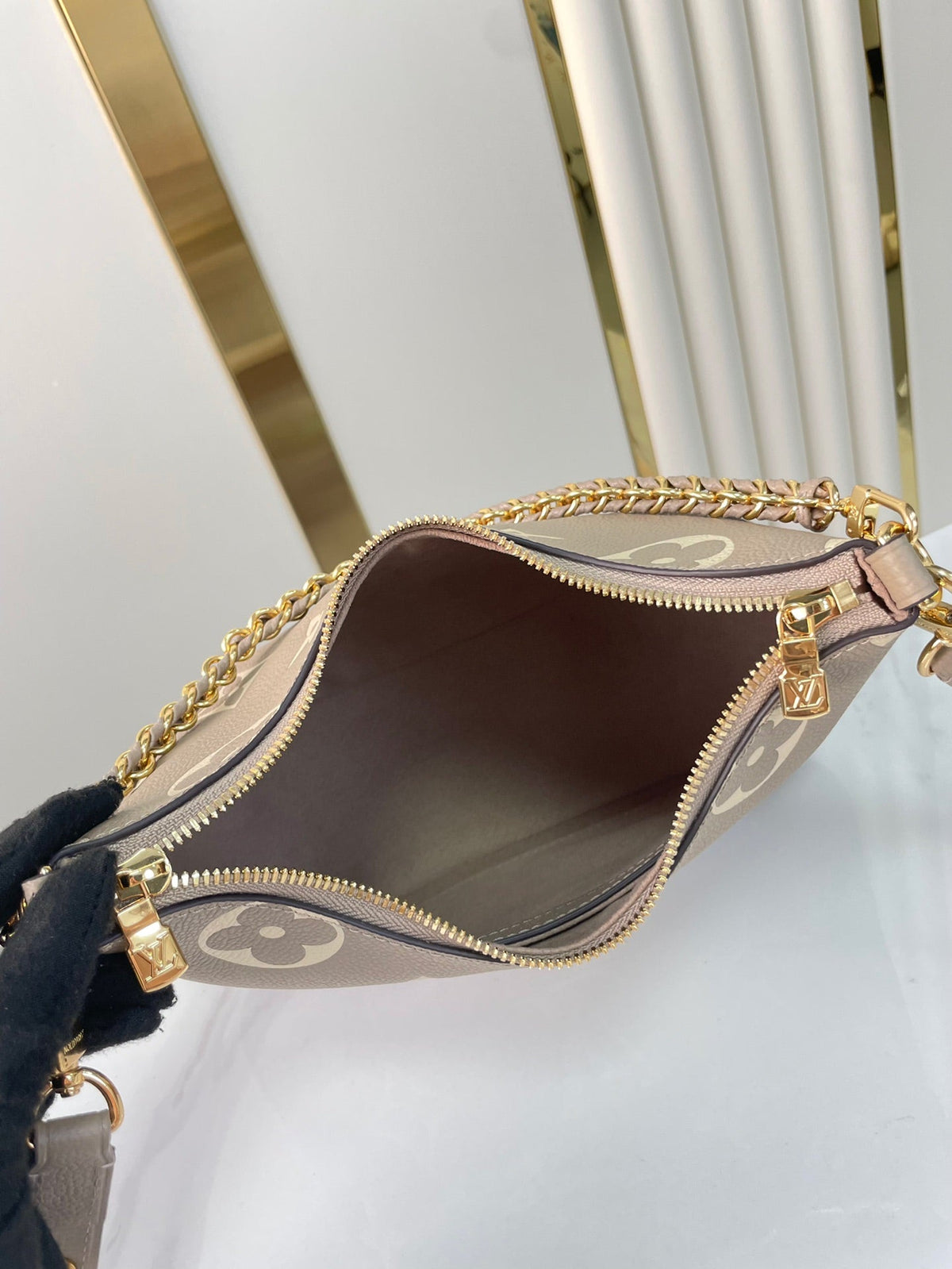 BOULOGNE 29 IN DOVE GRAY AND CREAM MONOGRAM EMPREINTE LEATHER GOLD HARDWARE