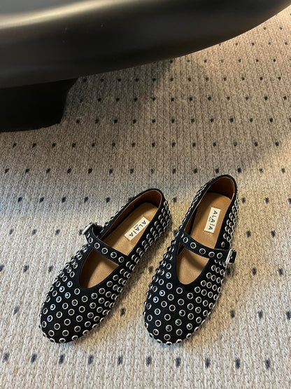 STRASS BALLET FLATS IN BLACK LAMBSKIN