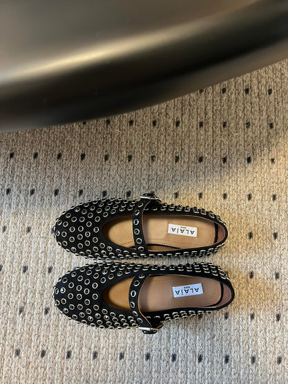 STRASS BALLET FLATS IN BLACK LAMBSKIN