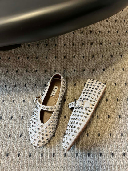 STRASS BALLET FLATS IN WHITE LAMBSKIN
