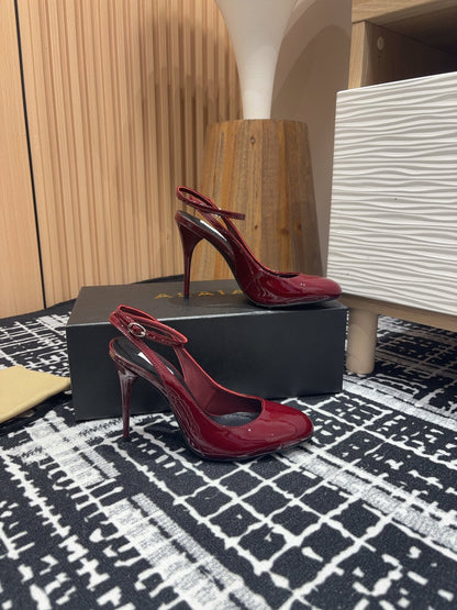 SLINGBACK HEEL 10 CM IN BERRY RED PATENT CALFSKIN