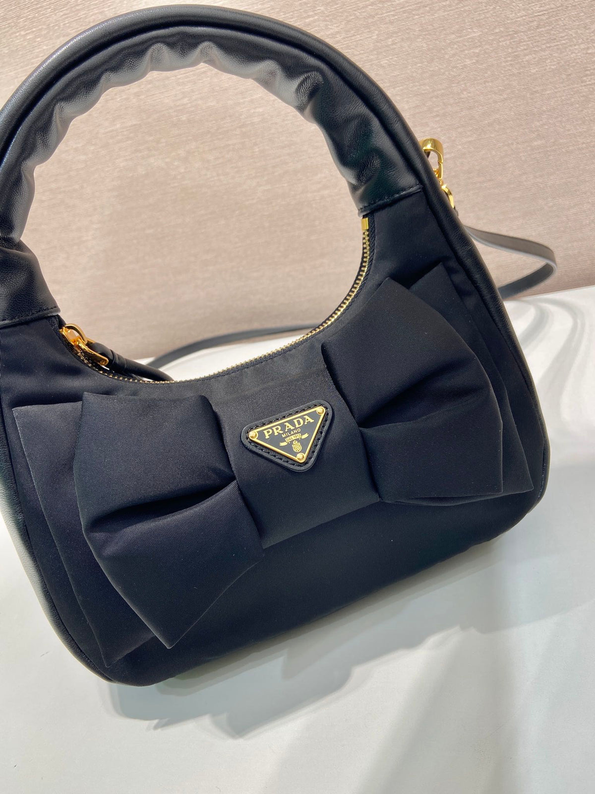BOW HOBO BAG 22 IN BLACK RE-NYLON AND LAMBSKIN