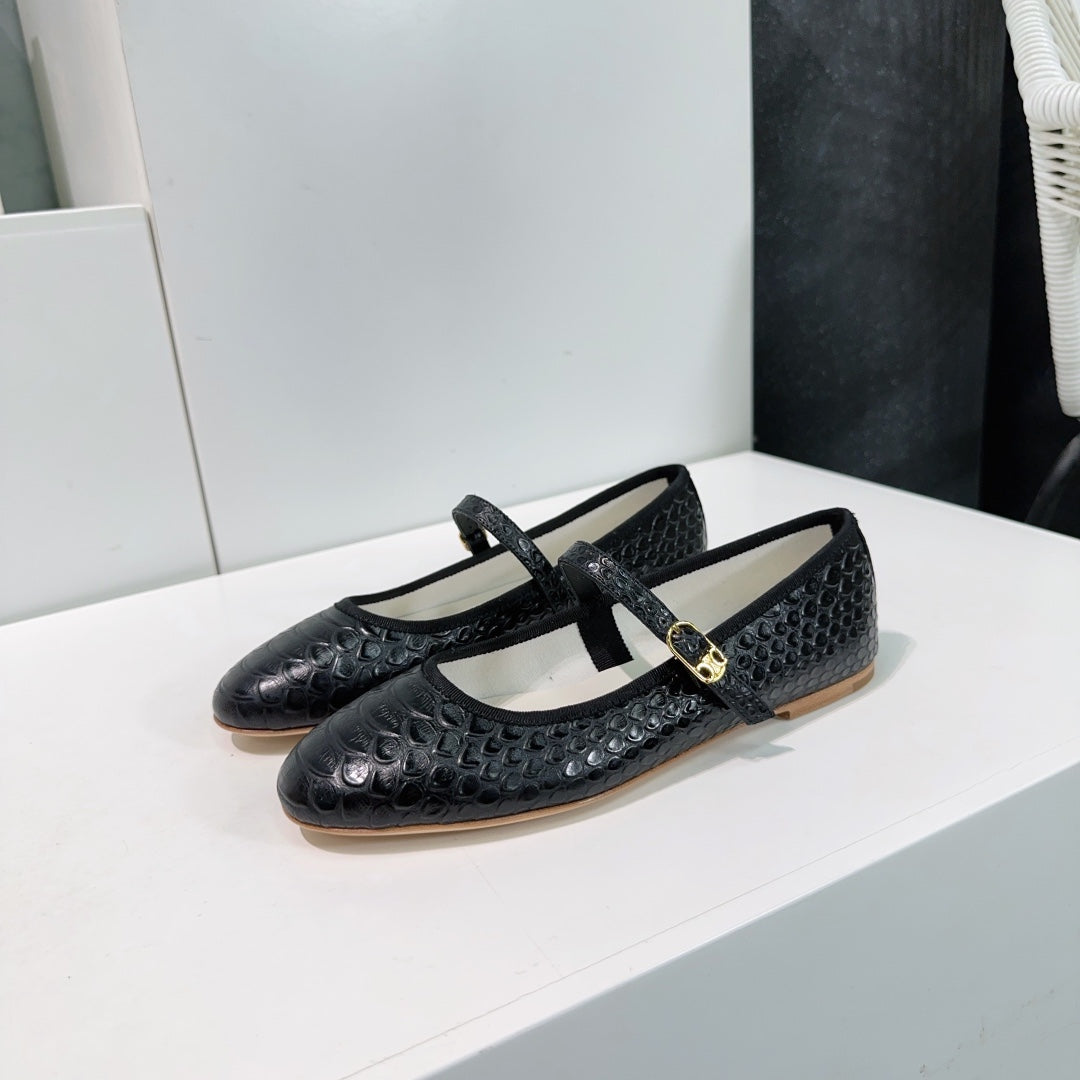 BLACK PYTHON PRINT LEATHER BALLET FLATS