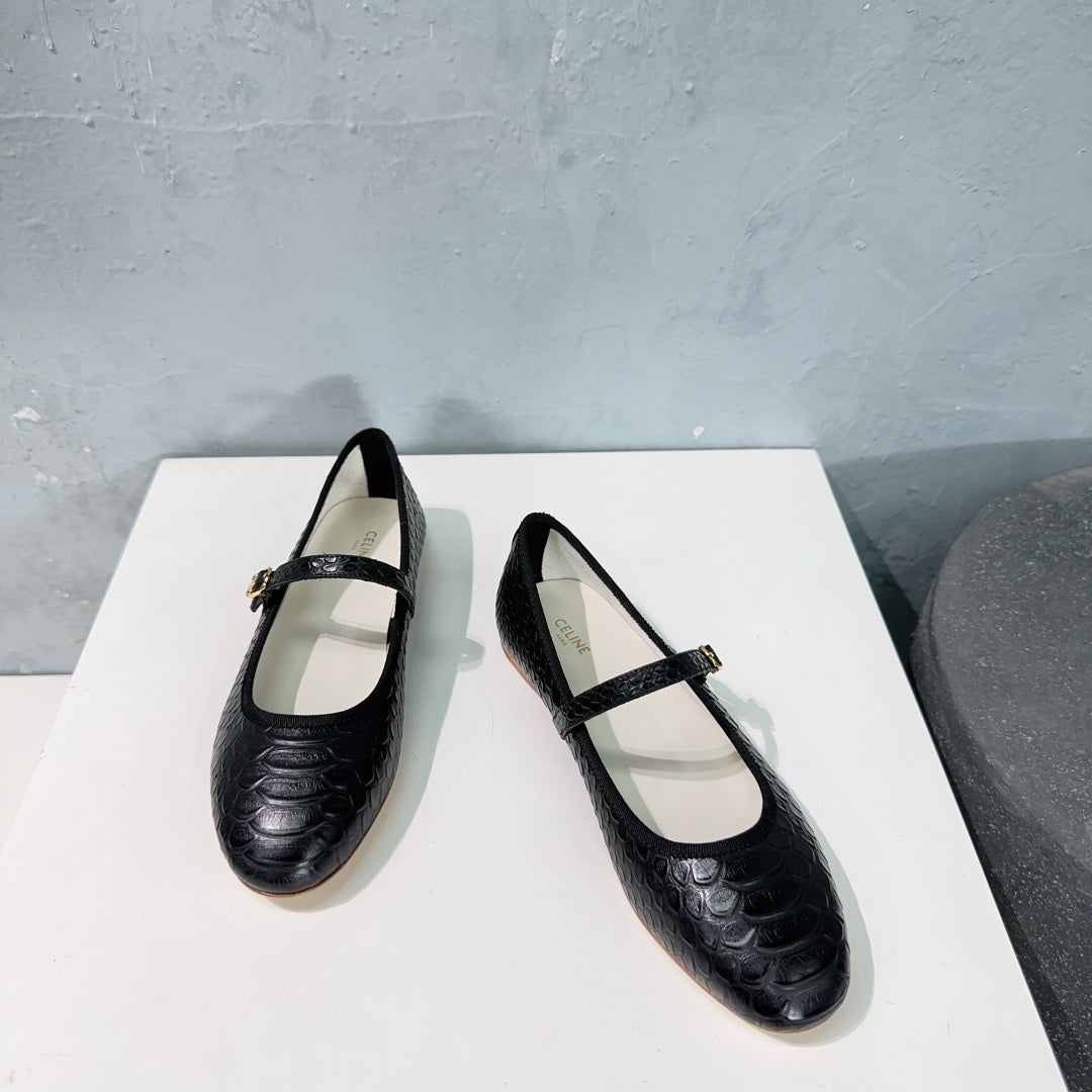 BLACK PYTHON PRINT LEATHER BALLET FLATS