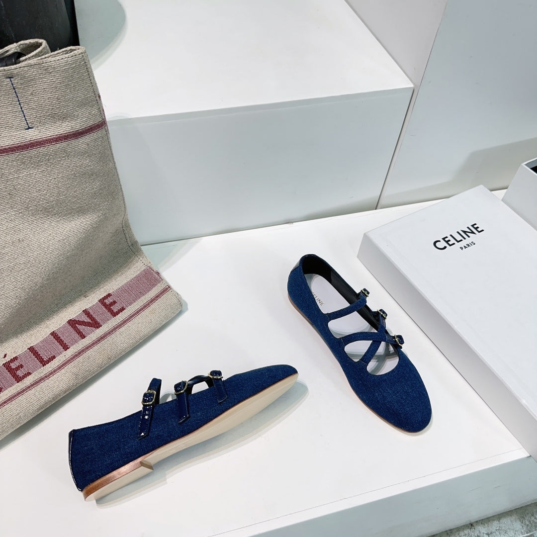 LES BALLERINES CELINE BABIES IN CLASSIC BLUE DENIM FABRIC