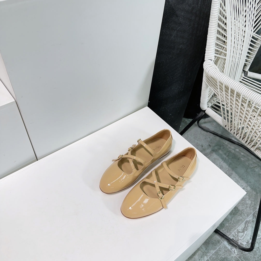 LES BALLERINES CELINE BABIES IN CAMEL BEIGE PATENT CALFSKIN