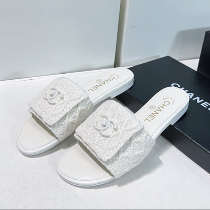 KNIT WHITE FABRIC FLAT SLIDE