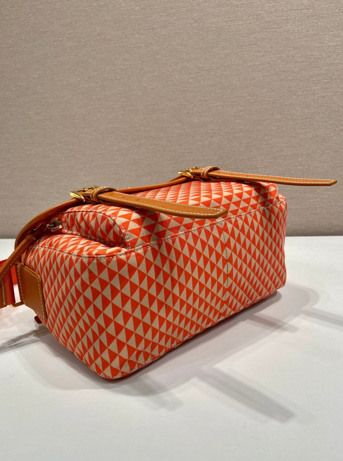 MESSENGER BAG 25 IN ORANGE MIX CREAM TRIANGLE PATTERN EMBROIDERED FABRIC