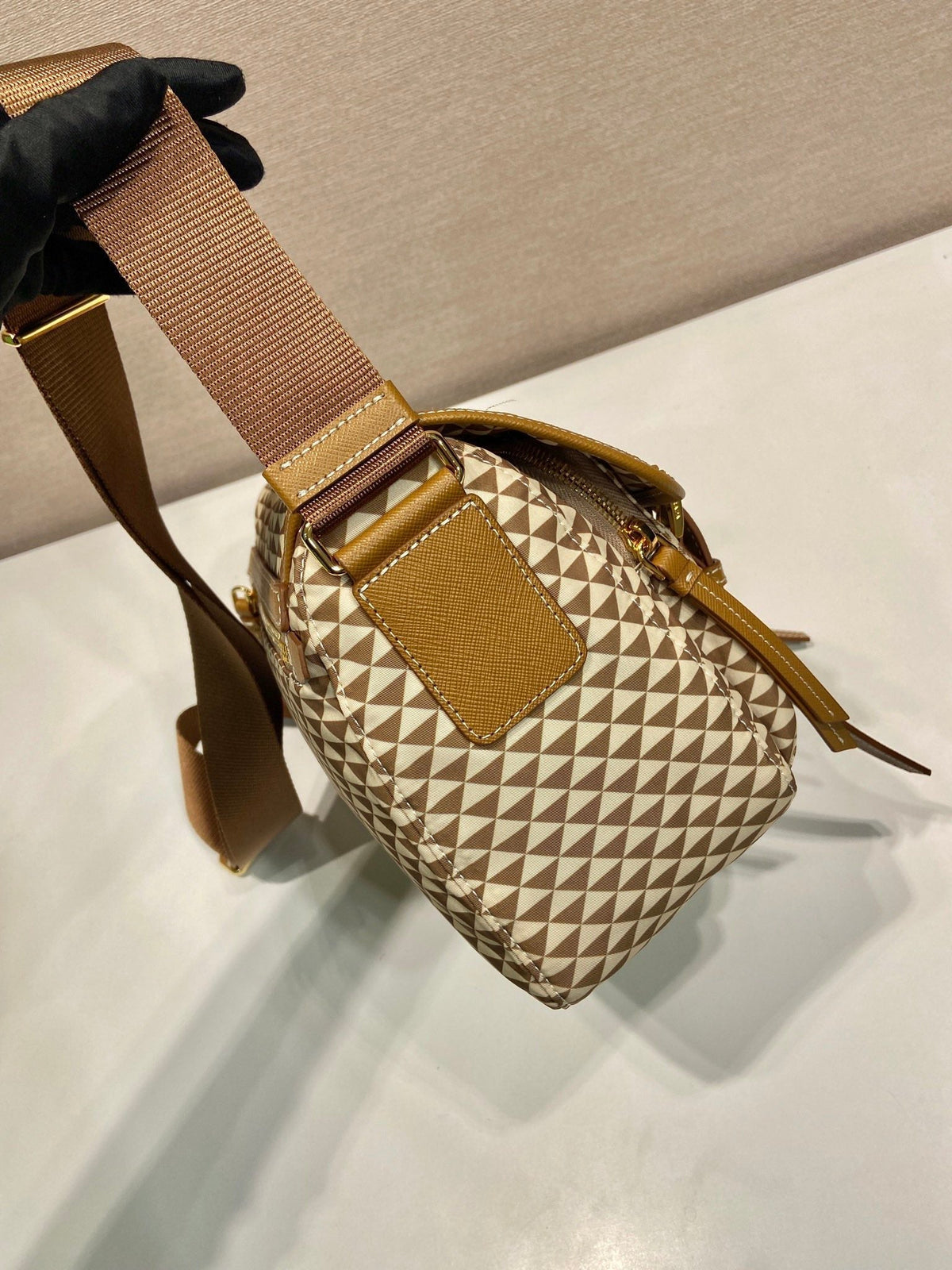 MESSENGER BAG 25 IN BROWN MIX CREAM TRIANGLE PATTERN EMBROIDERED FABRIC