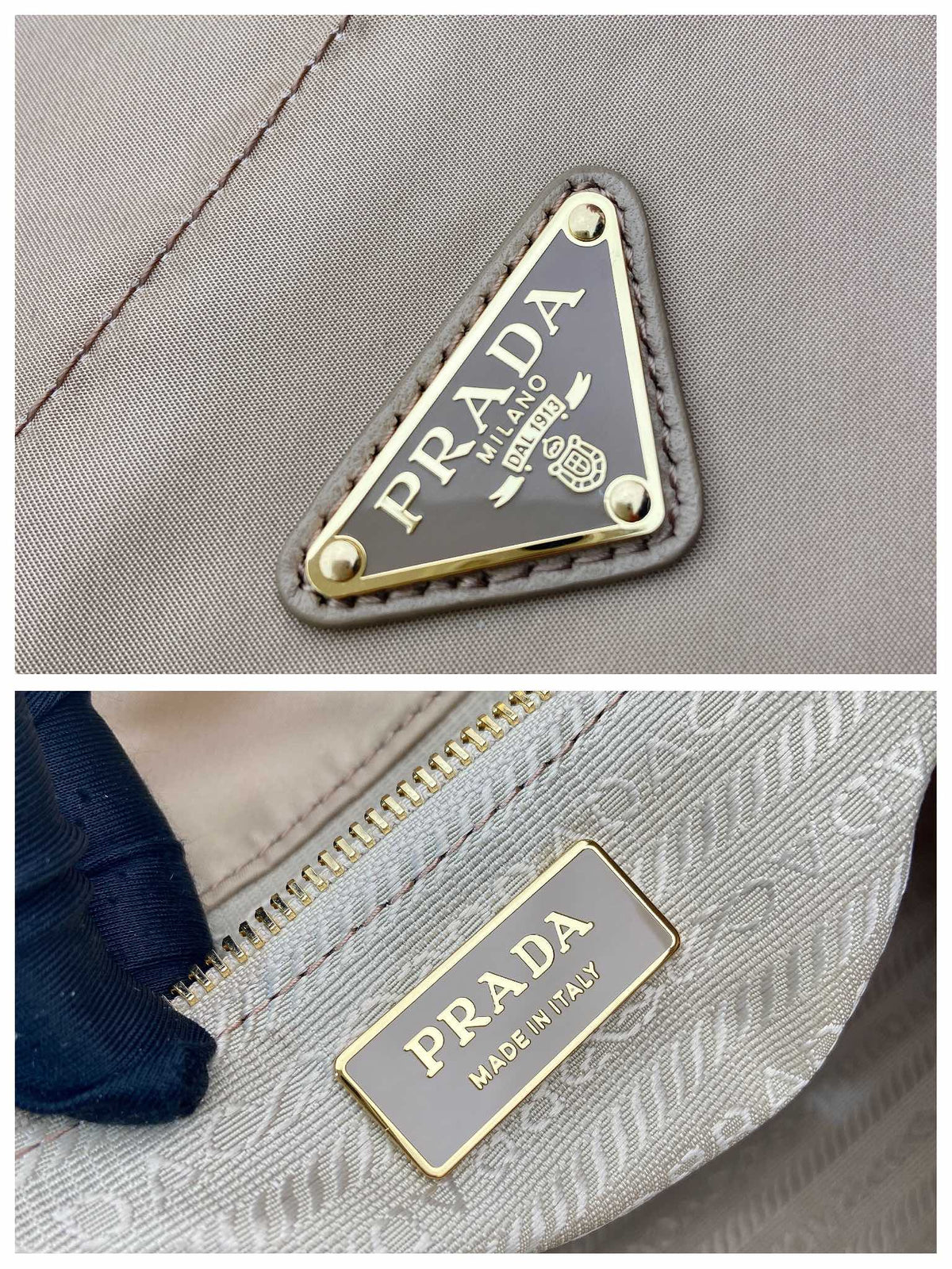 BUCKET BAG 28 IN BEIGE RE-NYLON GOLD LOGO