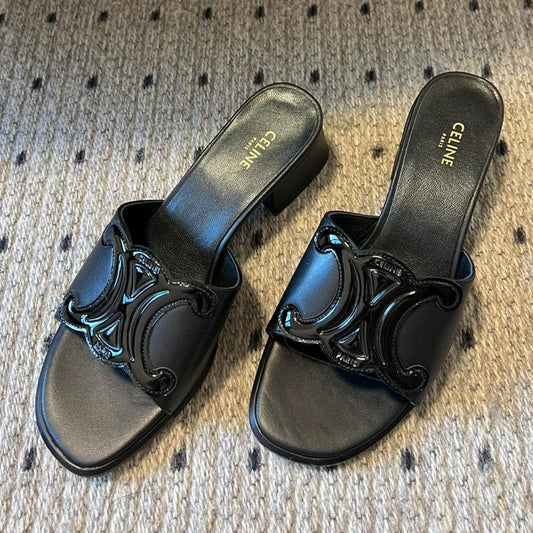 CLEMENCE MULE IN BLACK LAMBSKIN AND PATENT CALFSKIN