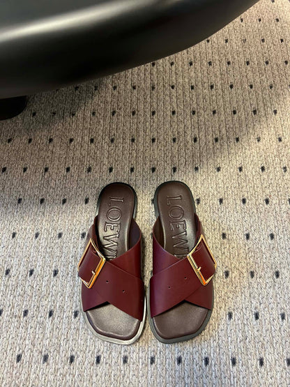 PETAL BELT FLAT SANDAL IN SANGRIA RED CALFSKIN