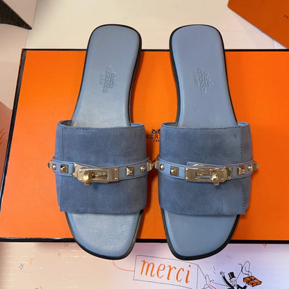 GIULIA FLAT SANDAL IN CERULEAN BLUE SUEDE