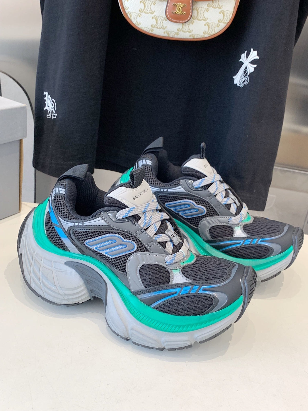DAD SHOES IN GRAY MIX MINT GREEN AND BLUE MESH AND CALFSKIN
