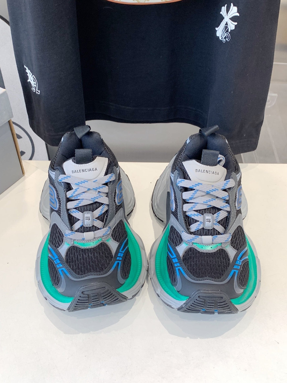 DAD SHOES IN GRAY MIX MINT GREEN AND BLUE MESH AND CALFSKIN