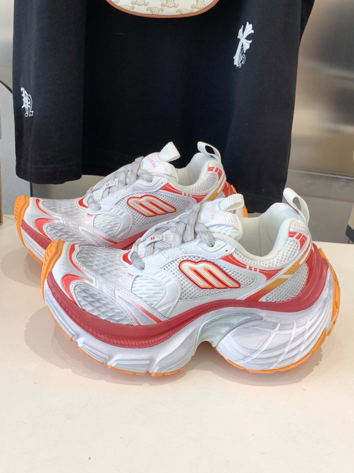 DAD SHOES IN RED ORANGE AND DUST WHITE MESH AND CALFSKIN