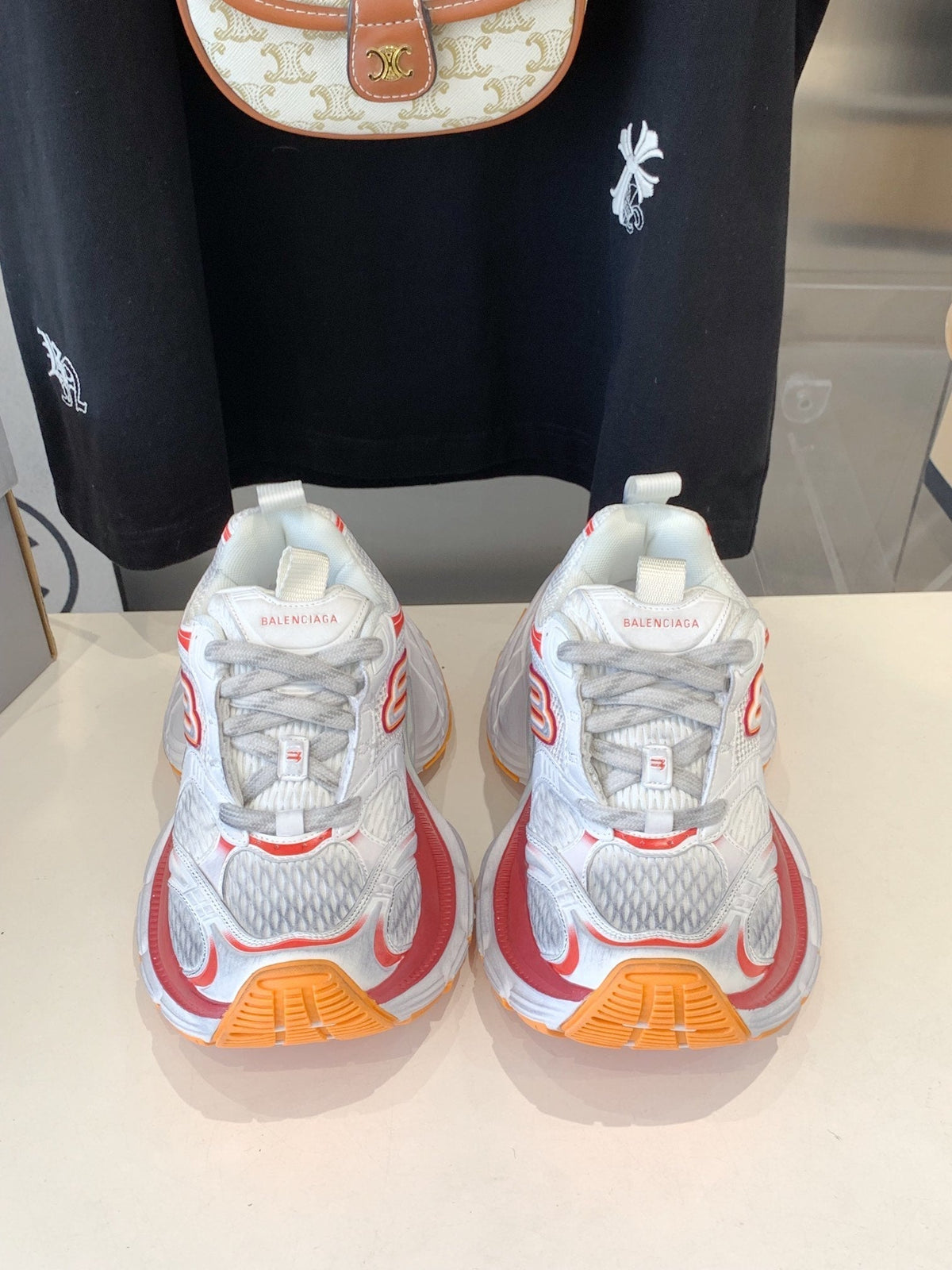 DAD SHOES IN RED ORANGE AND DUST WHITE MESH AND CALFSKIN