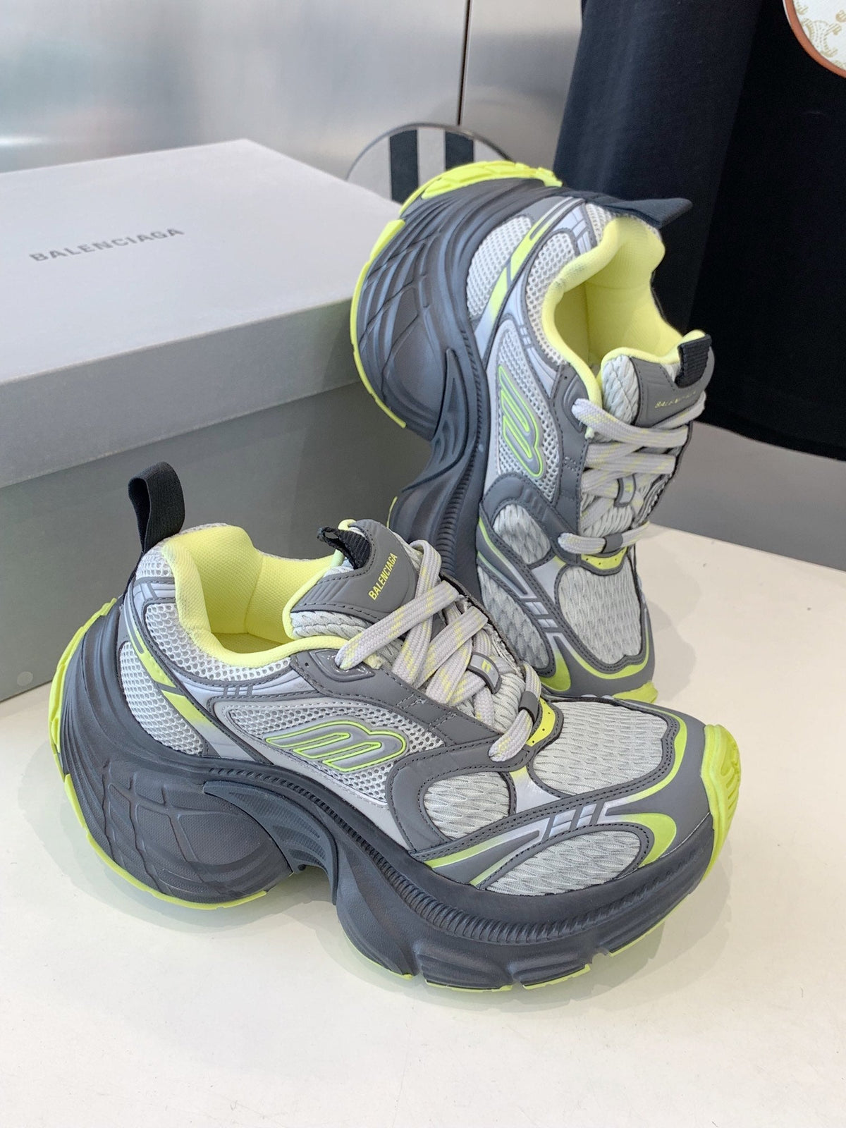 DAD SHOES IN GRAY MIX NEON GREEN MESH AND CALFSKIN