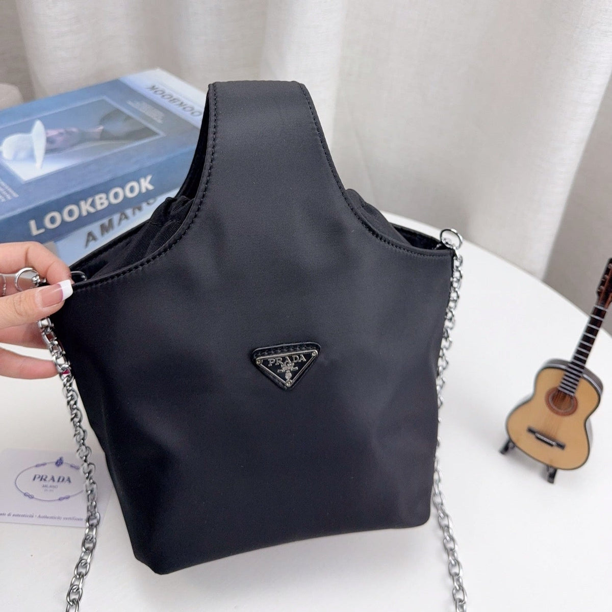 DRAWSTRING BUCKET BAG 20 IN BLACK RE-NYLON SILVER CHAIN