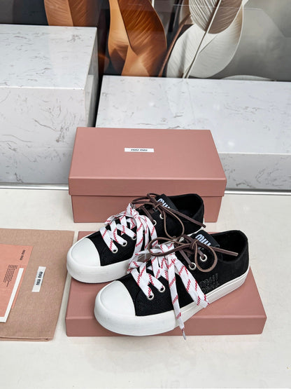 WASHED-DENIM SNEAKERS IN BLACK CANVAS WITH BROWN AND STRIPED LACES