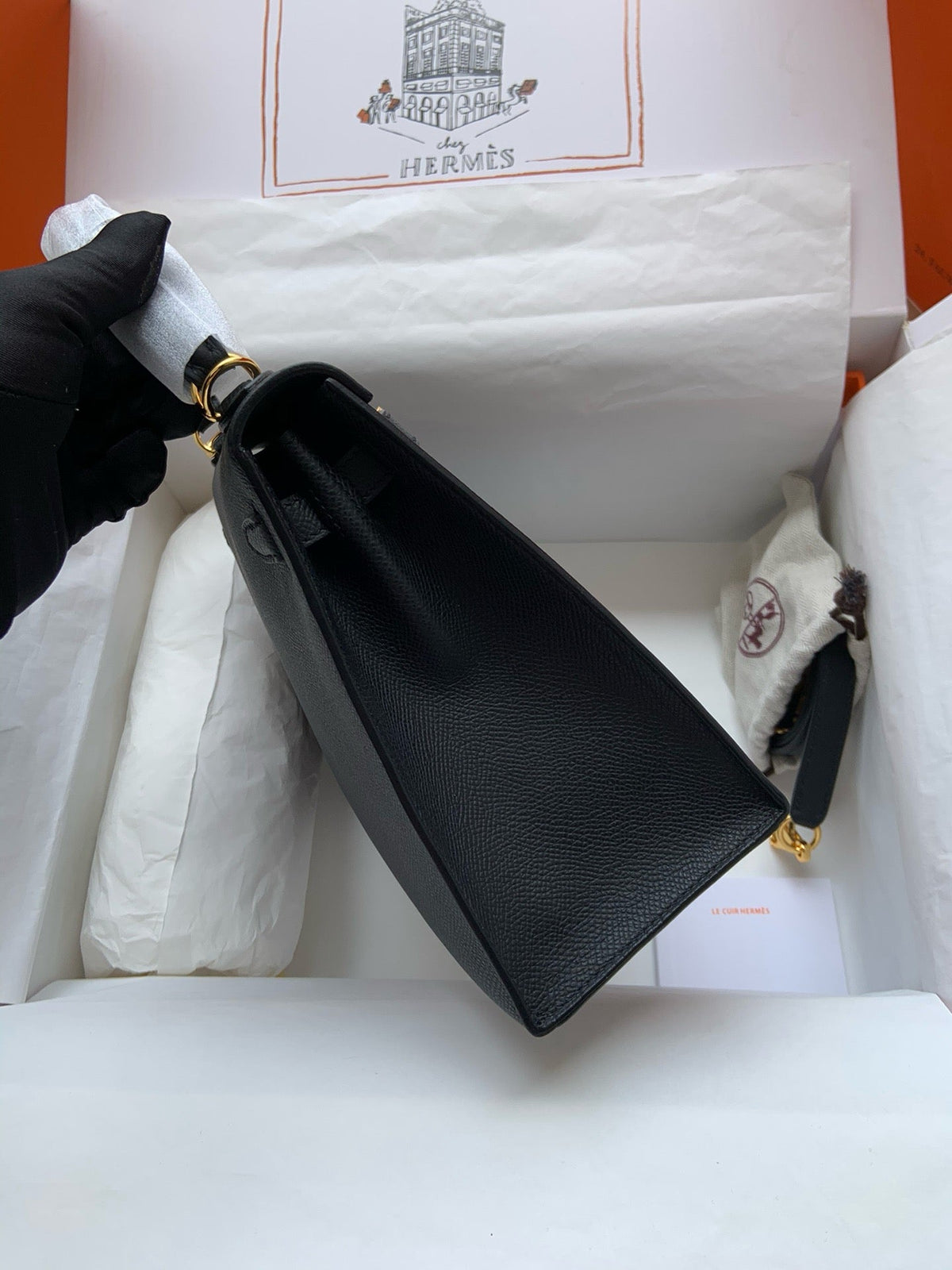 HERM Kelly, 25cm, Noir, Epsom