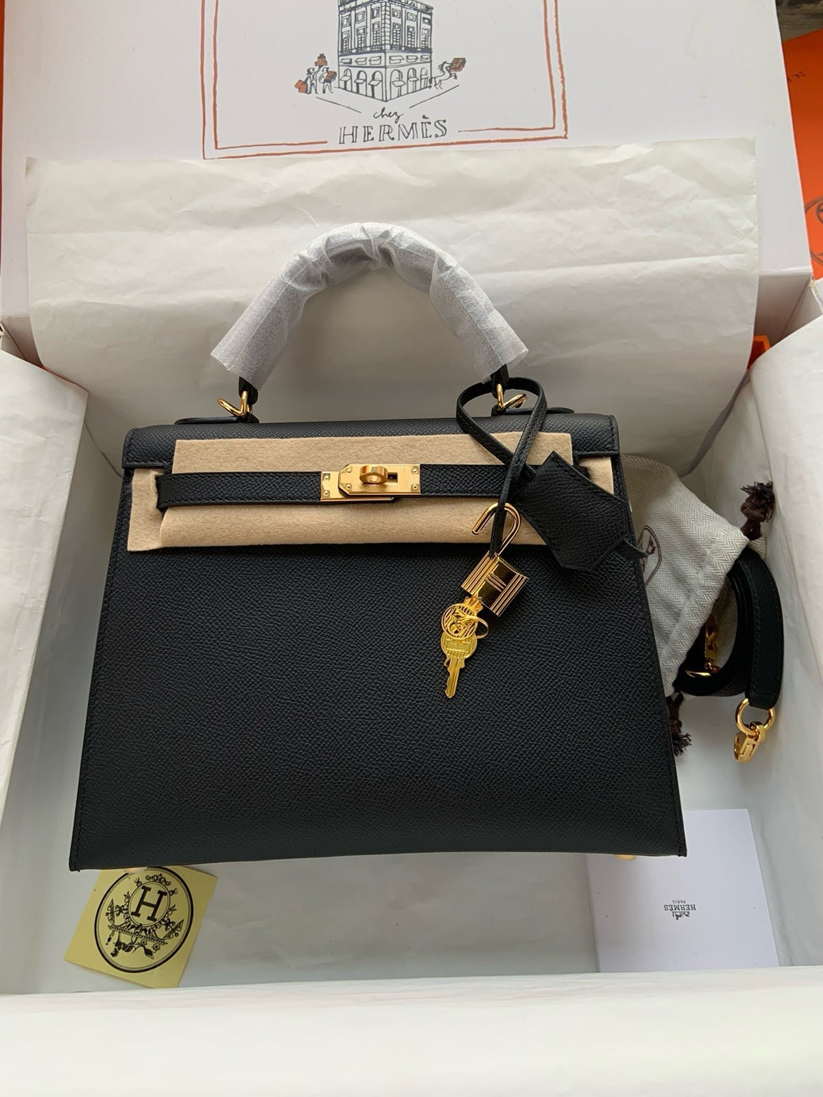 HERM Kelly, 25cm, Noir, Epsom