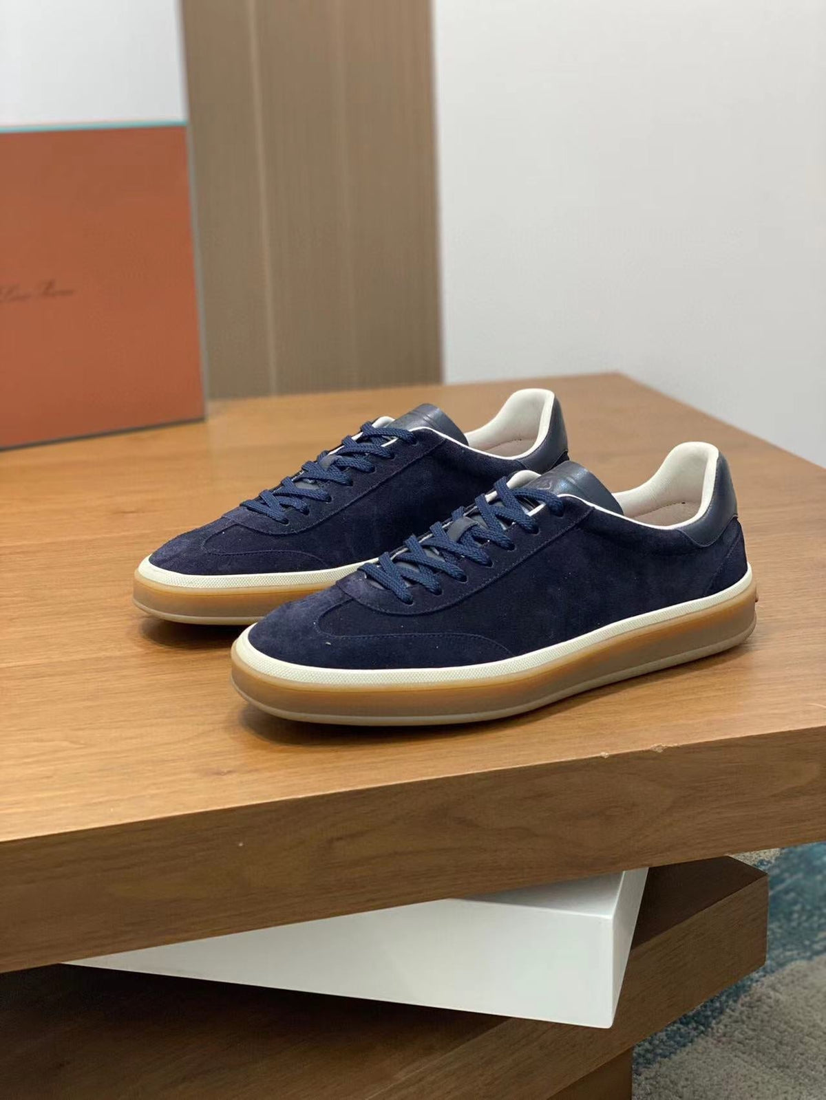 Loro Piana Tennis Walk Sneakers Suede Calf Split Navy Blue