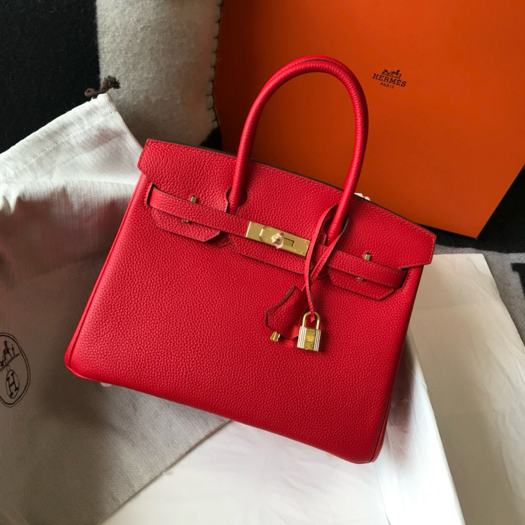 HM BIRKIN BAG 30 RED CALFSKIN GOLD BUCKLE