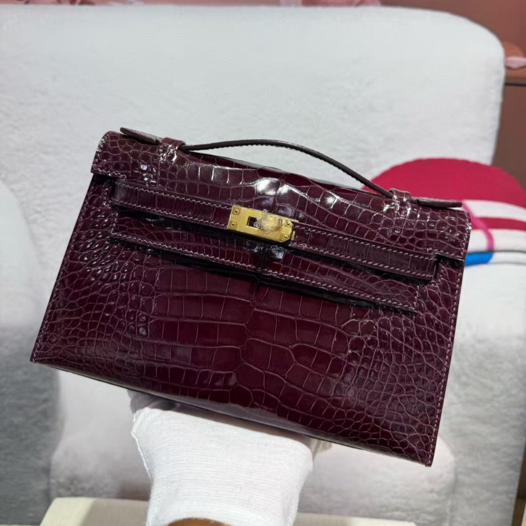 HM KELLY MINI 22 BORDEAUX RED AMERICAN ALLIGATOR GOLD BUCKLE