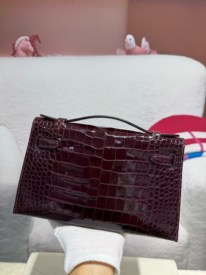 HM KELLY MINI 22 BORDEAUX RED AMERICAN ALLIGATOR GOLD BUCKLE