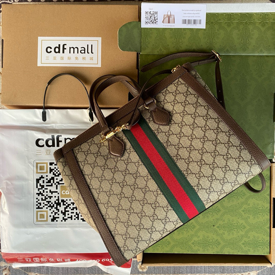 OPHIDIA LARGE 33 CM TOTE BAG IN BEIGE/EBONY GG CANVAS WITH BROWN LEATHER TRIM